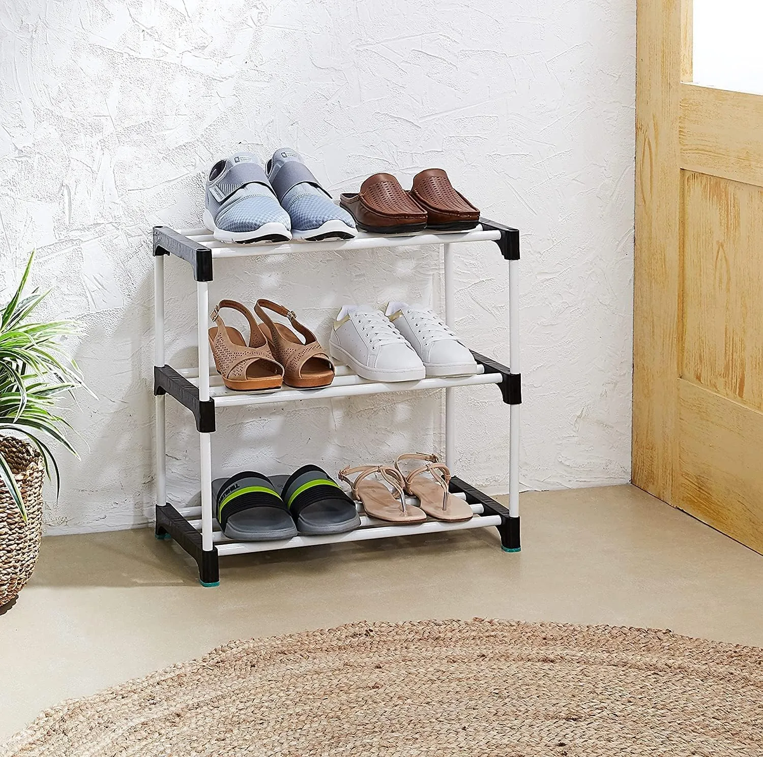 Multipurpose Shoe Rack for Home | Foldable Slipper/Chappal/Footwear Stand 3 Shelves Plastic Shoe Stand | Collapsible Storage Plastic Shoe Stand Easy to Assembled (3 Shelf) (Black)