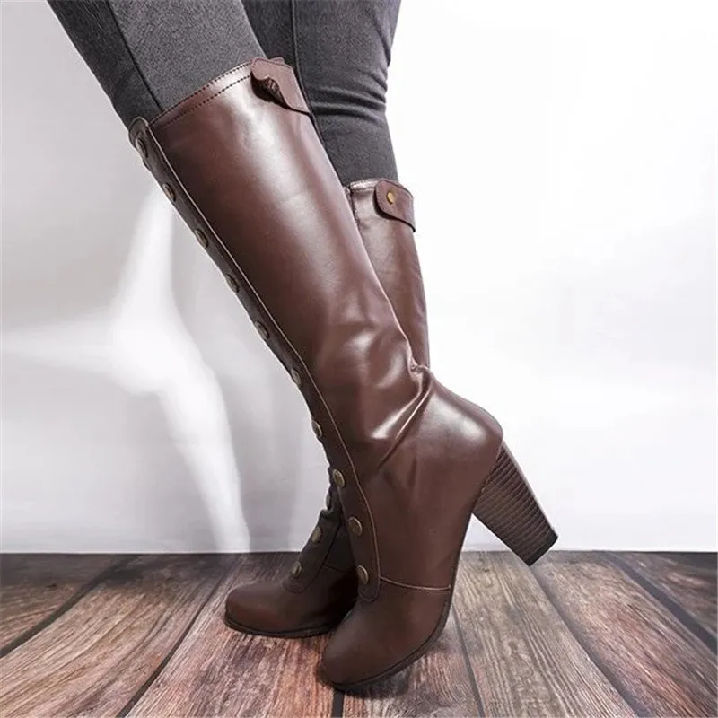 Purpdrank - Women Vintage Double-Breasted Mid-Calf Boots