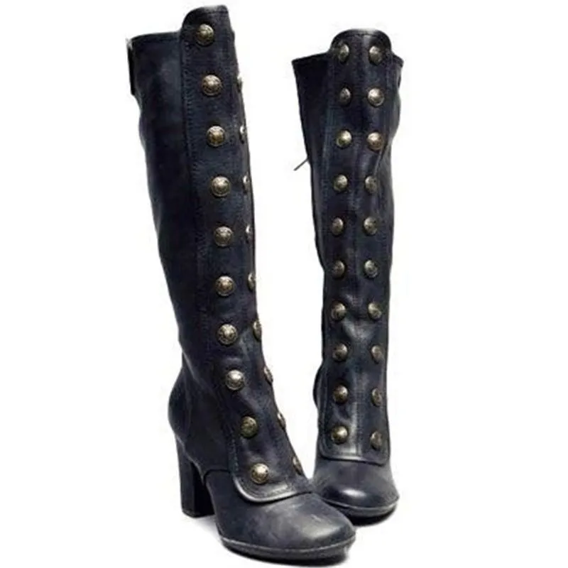 Purpdrank - Women Vintage Double-Breasted Mid-Calf Boots