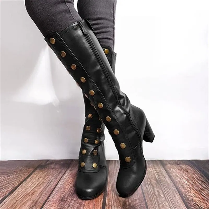 Purpdrank - Women Vintage Double-Breasted Mid-Calf Boots