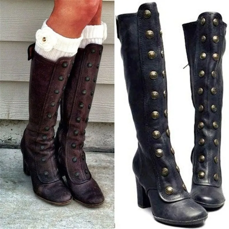 Purpdrank - Women Vintage Double-Breasted Mid-Calf Boots