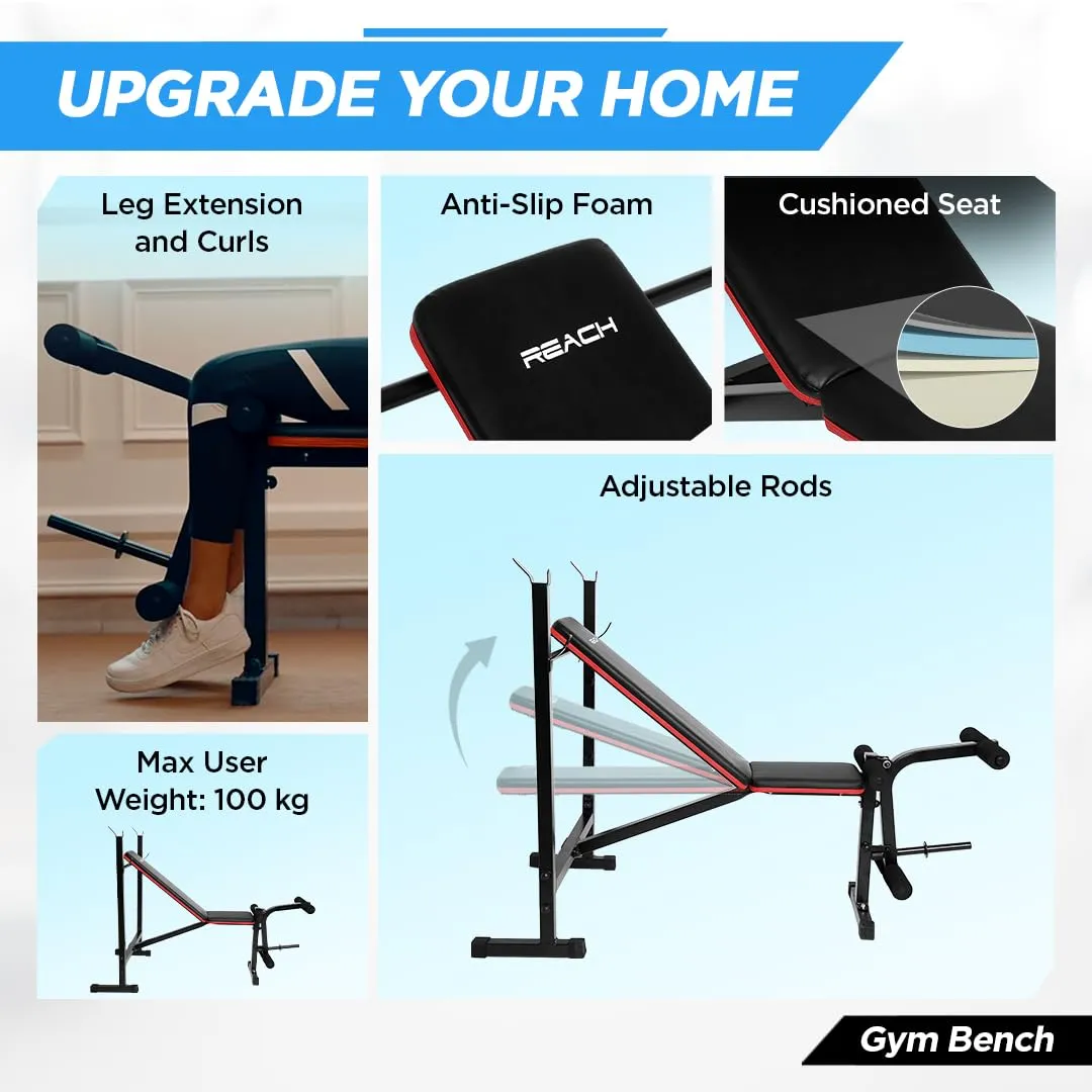 Reach Multipurpose Gym Bench for Home | Adjustable Positions | Full Body Workout Weight Training Bench | Soft Foam Padding | Incline/Decline Bench Press for Strength Training | Max User Weight 100kg