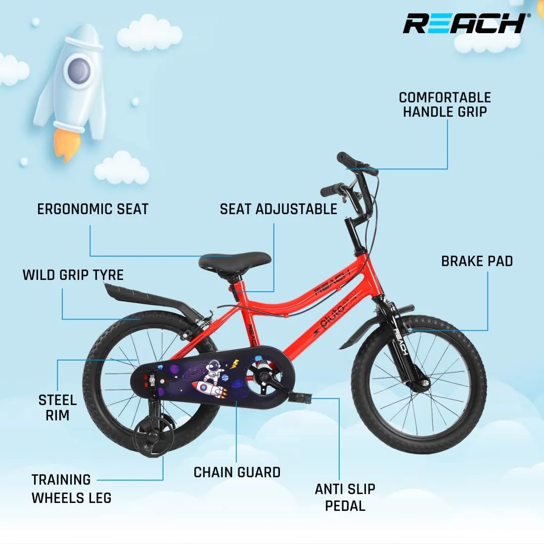 REACH Pluto Kids Cycle 16T with Training Wheels | for Boys and Girls | 90% Assembled | Frame Size: 12" | Ideal for Height: 3 ft 8 inch  | Ideal for Ages 4-8 Years