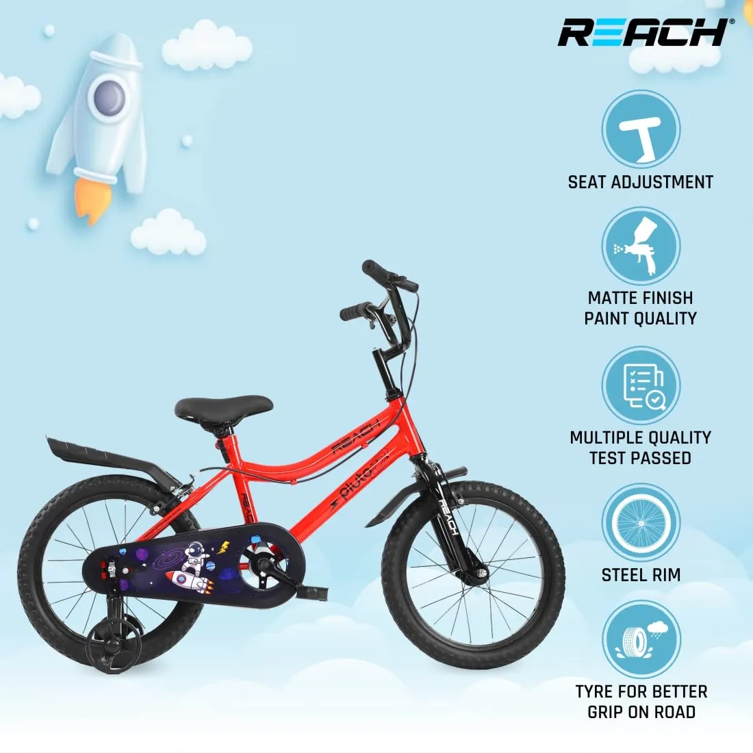 REACH Pluto Kids Cycle 16T with Training Wheels | for Boys and Girls | 90% Assembled | Frame Size: 12" | Ideal for Height: 3 ft 8 inch  | Ideal for Ages 4-8 Years