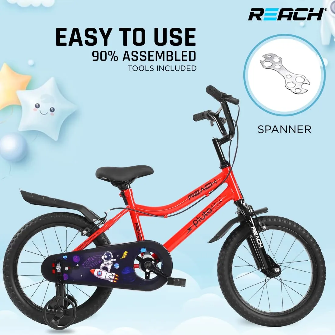 REACH Pluto Kids Cycle 16T with Training Wheels | for Boys and Girls | 90% Assembled | Frame Size: 12" | Ideal for Height: 3 ft 8 inch  | Ideal for Ages 4-8 Years