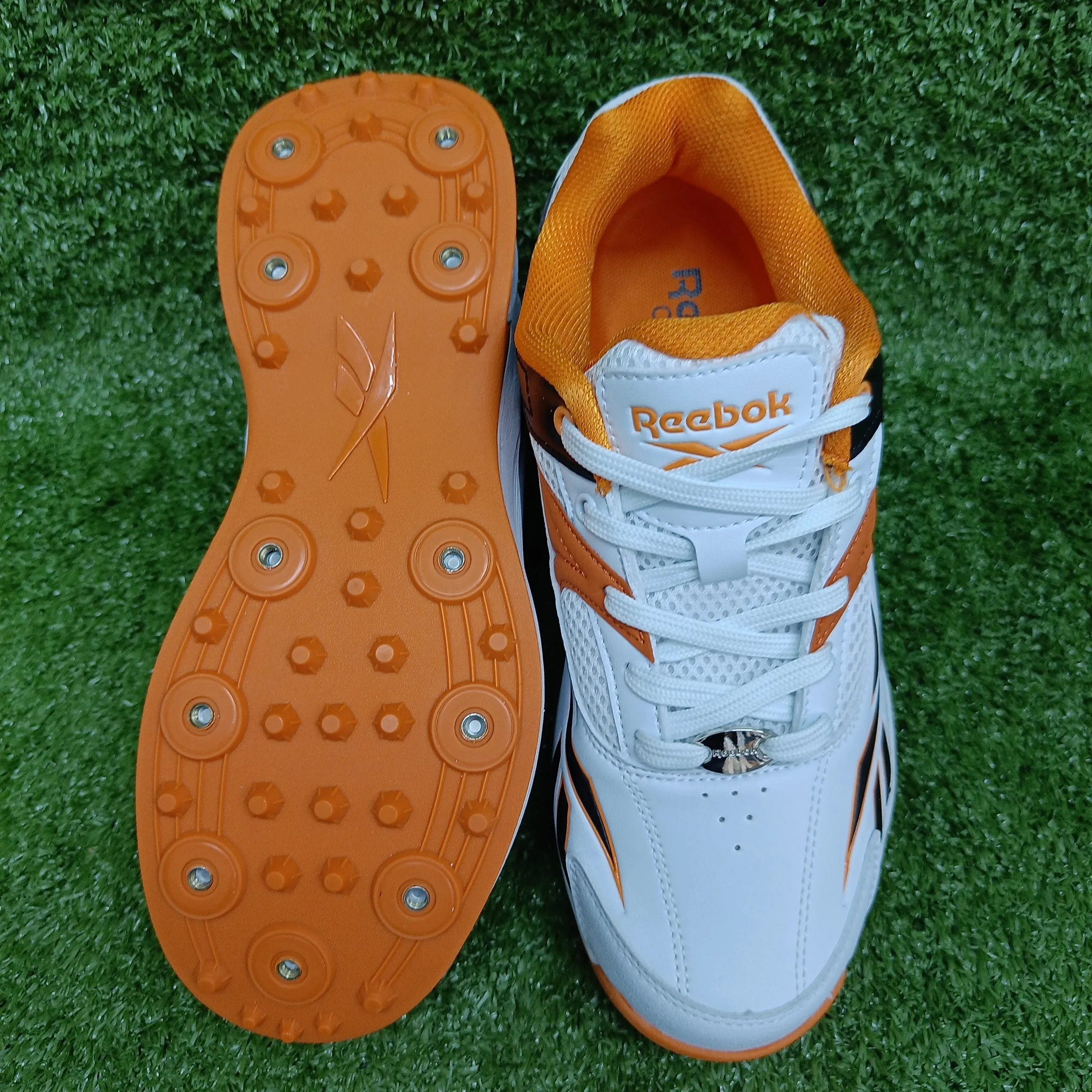 Reebok Not Out Syndicate White Black Shocking Orange Cricket Metal Spike Shoes