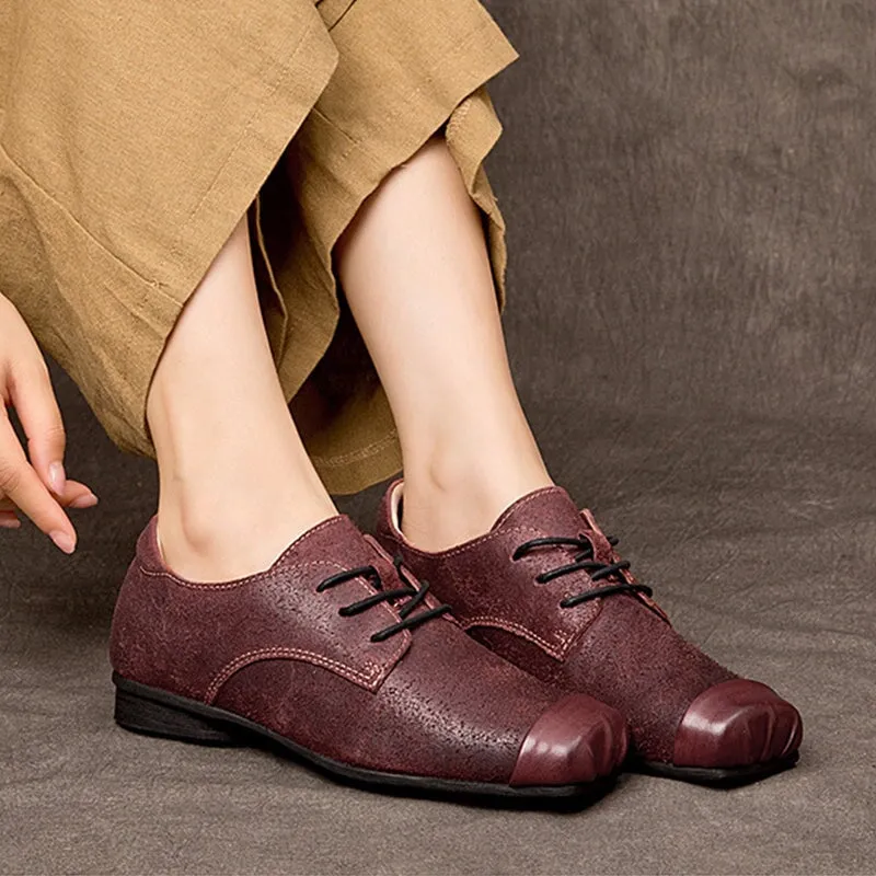 Retro Handmade Genuine Leather Lace Up Oxfords Square Toe In Wine Red