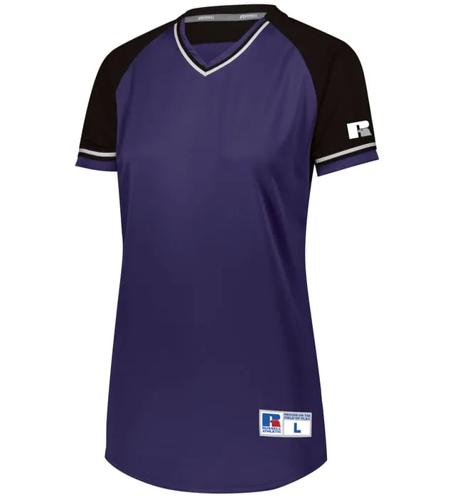 Russell Purple/Black/White Ladies Classic V-Neck Softball Jersey