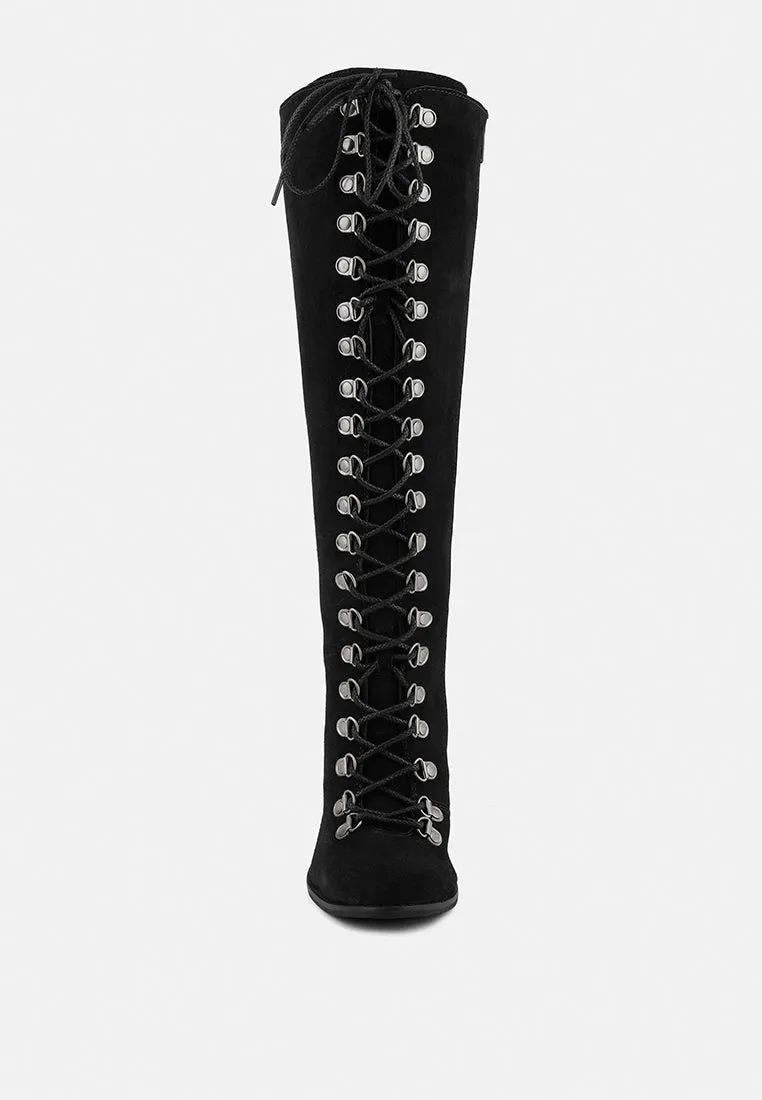 STREET-SLAY Antique Eyelets lace up Knee Boots In Black