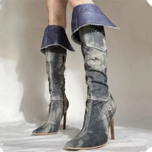 TAVIMART  -  Blue Denim Turn Over Edge Pointed Toe Knee High Women Boots Thin High Heels Mixed Color Patchwork Fashion Western Female Shoes