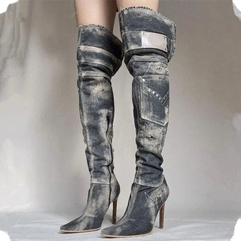 TAVIMART  -  Blue Denim Turn Over Edge Pointed Toe Knee High Women Boots Thin High Heels Mixed Color Patchwork Fashion Western Female Shoes