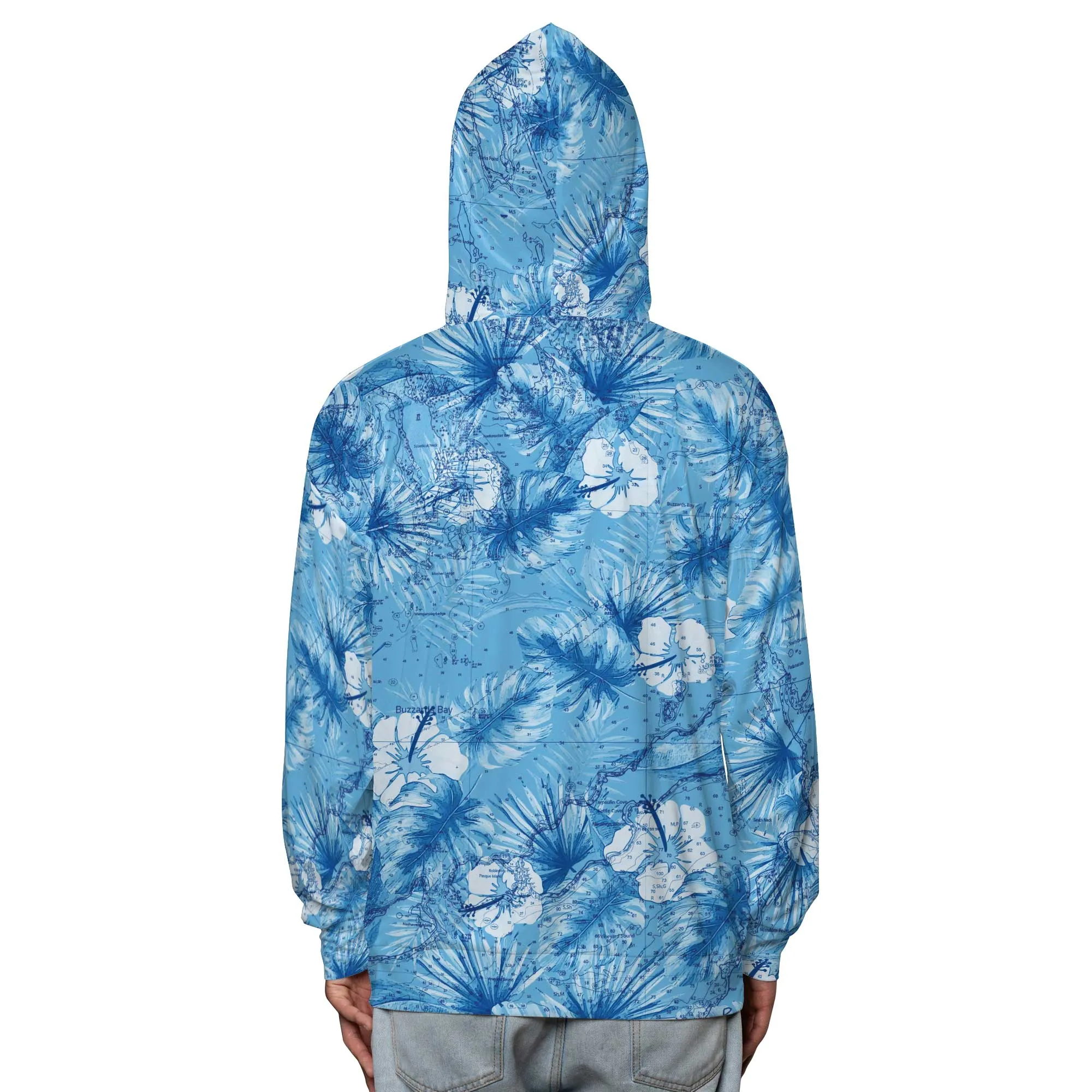 The Apponagasett to Elizabeth Islands Blue Floral Hooded Performance Sports Shirt