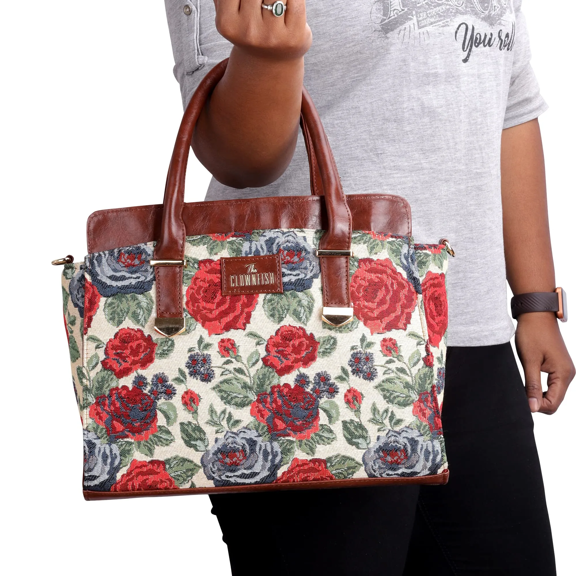 THE CLOWNFISH Zella Tapestry & Faux Leather Handbag for Women Sling Bag Office Bag Ladies Shoulder Bag with Shoulder Belt Tote For Women College Girls (Red-Floral)