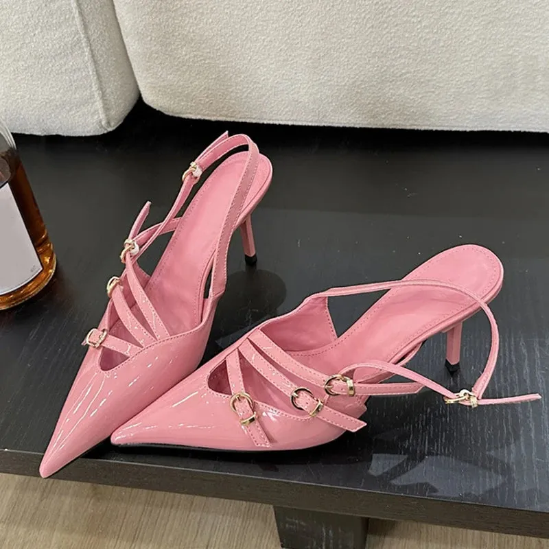 Three buckles Pointed Toe Low Thin Heel shoes