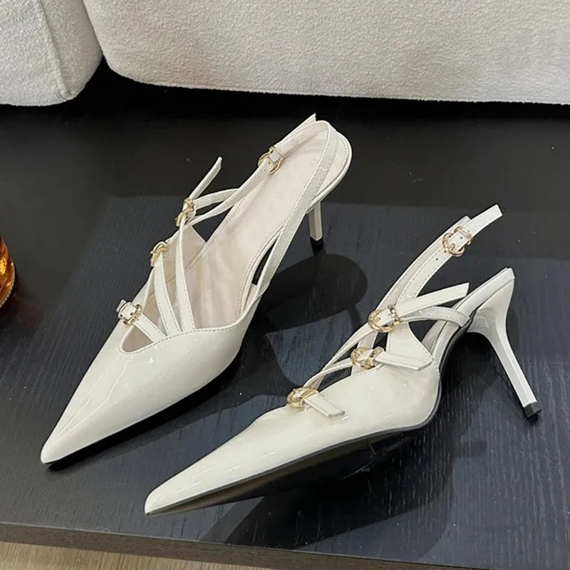 Three buckles Pointed Toe Low Thin Heel shoes