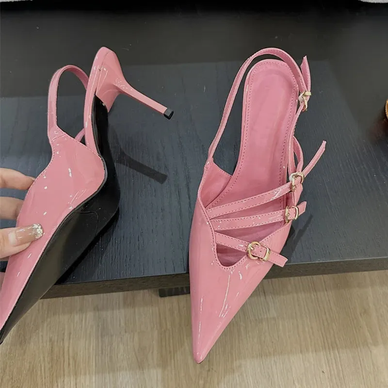 Three buckles Pointed Toe Low Thin Heel shoes